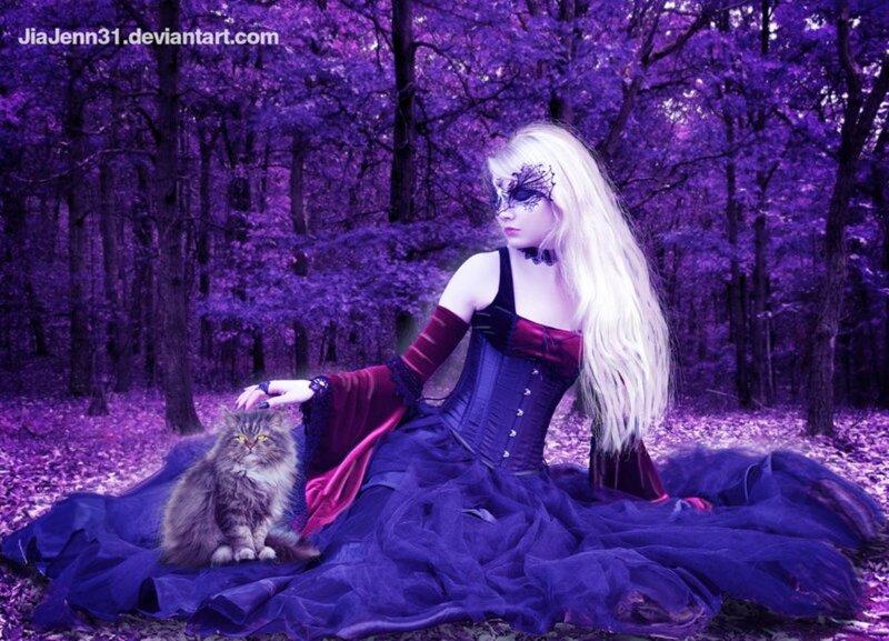 Woman with Cat in Forest — Purple, Dramatic