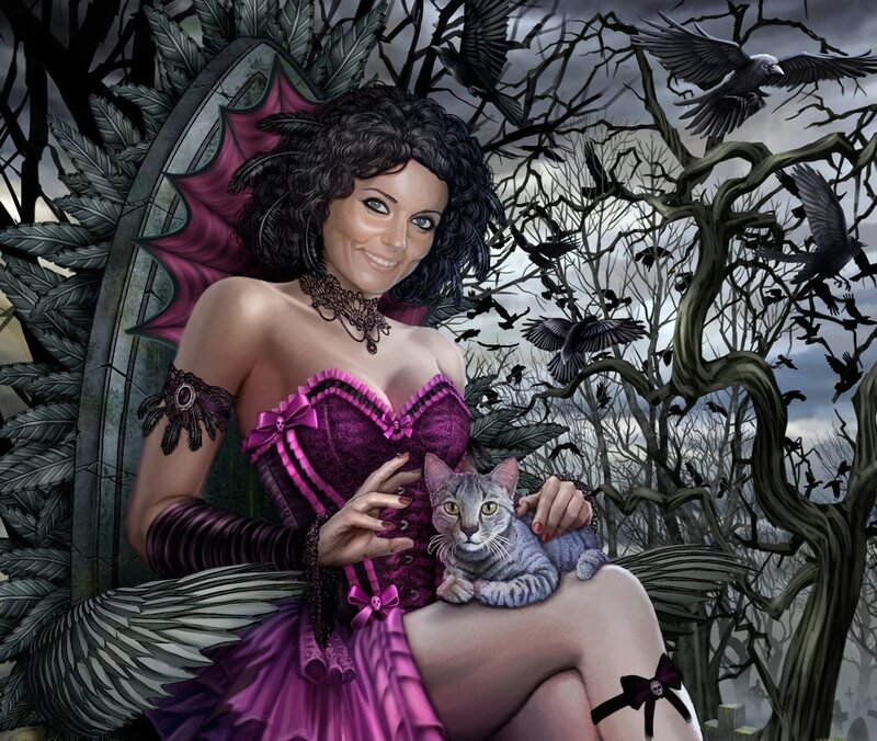 Woman with Cat in Forest — Purple