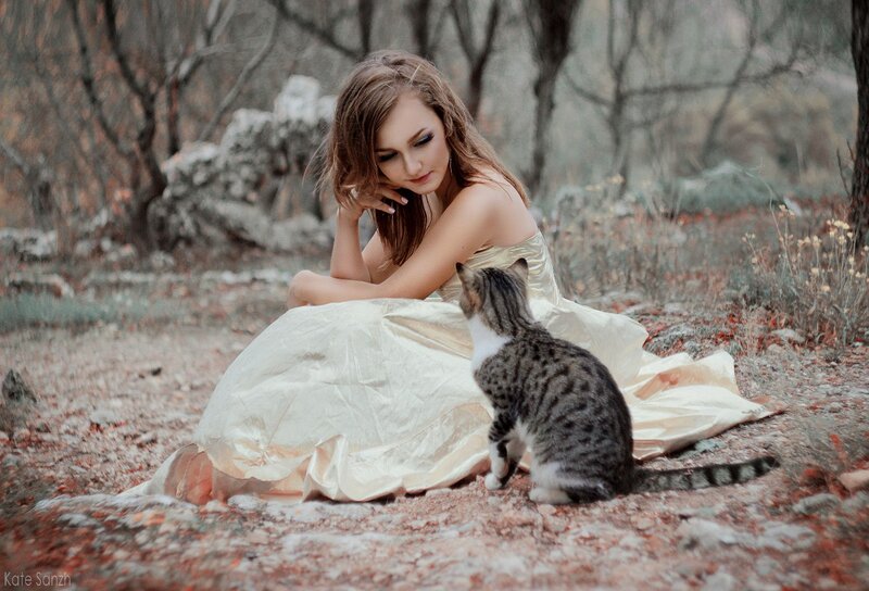 Woman with Cat in Forest — White