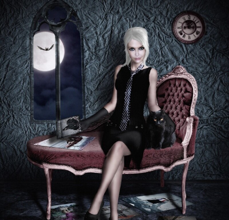 woman with cat in gothic room