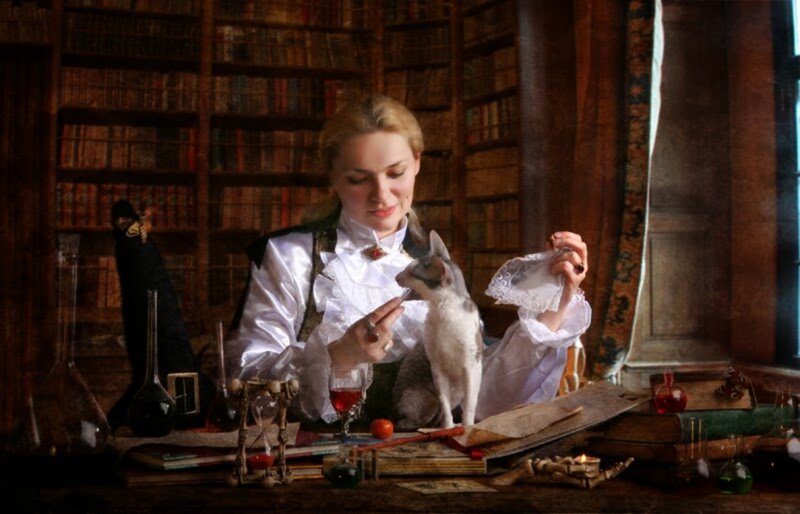 Woman with Cat in Library