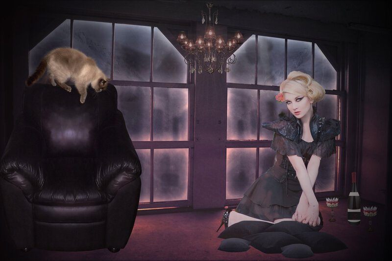 Woman with Cat in Room — Black