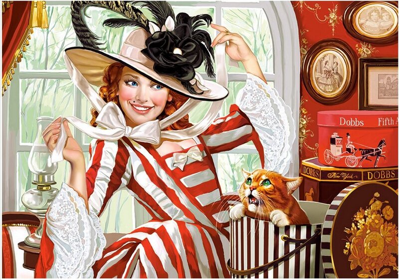 Woman with Cat in Room — Red