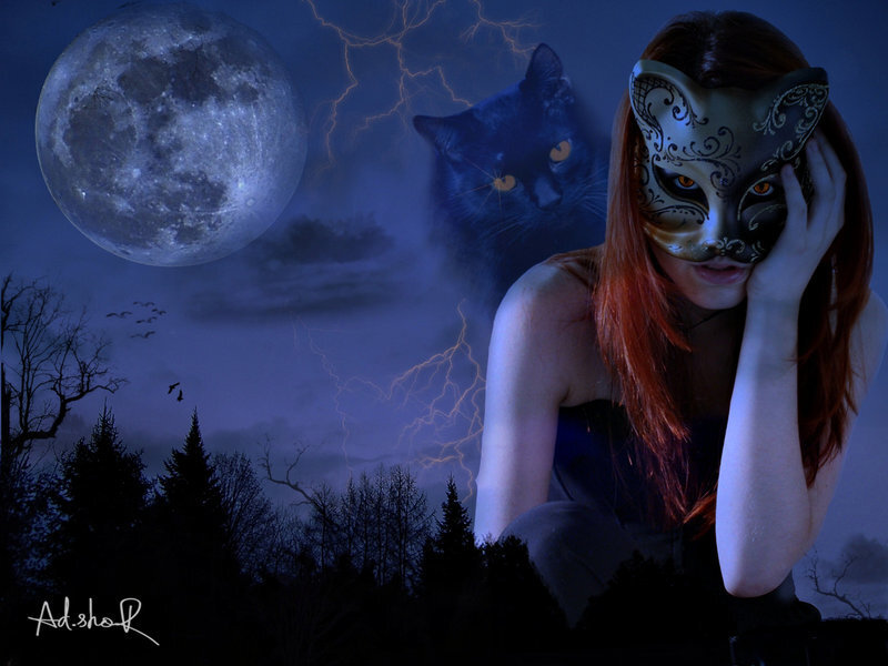 woman with cat mask at night
