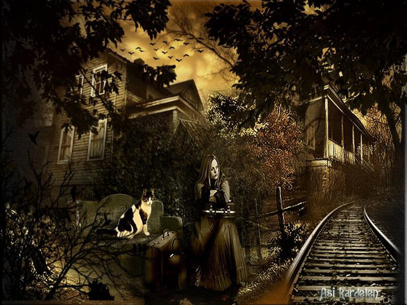 Woman with Cat Near Train Tracks