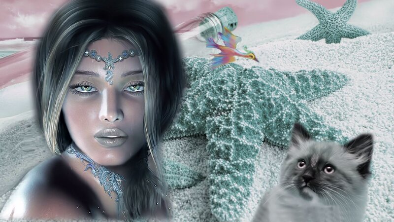 Woman with Cat on Beach — White