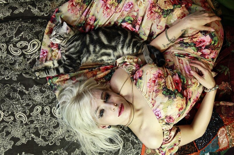 Woman with Cat on Bed — Pink