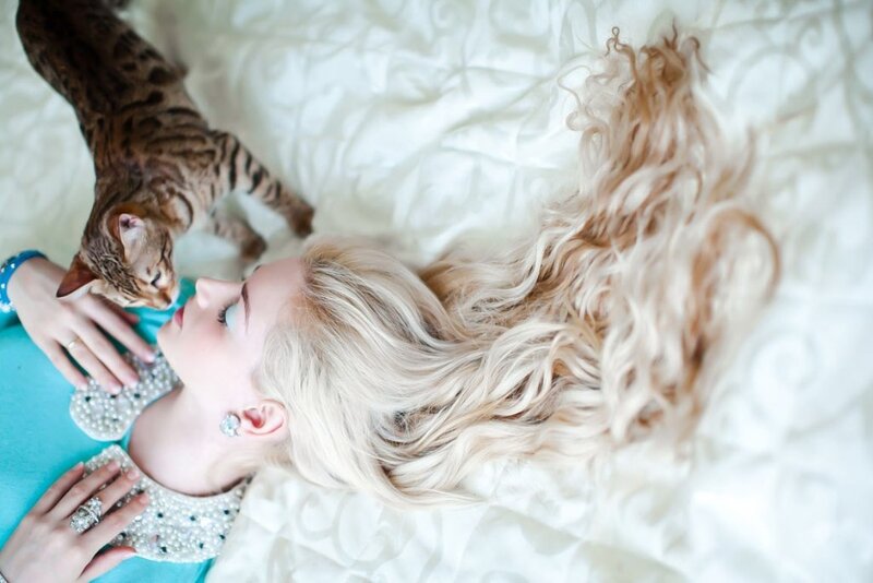 Woman with Cat on Bed — White