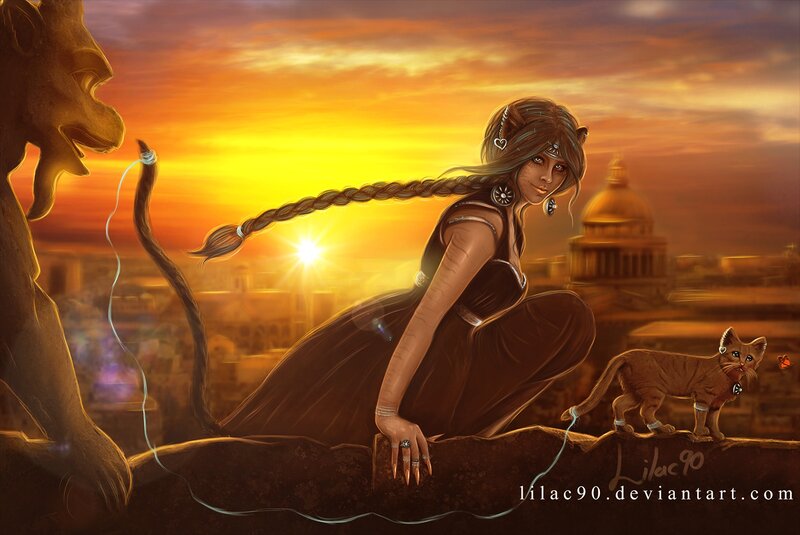 Woman with Cat on Rooftop