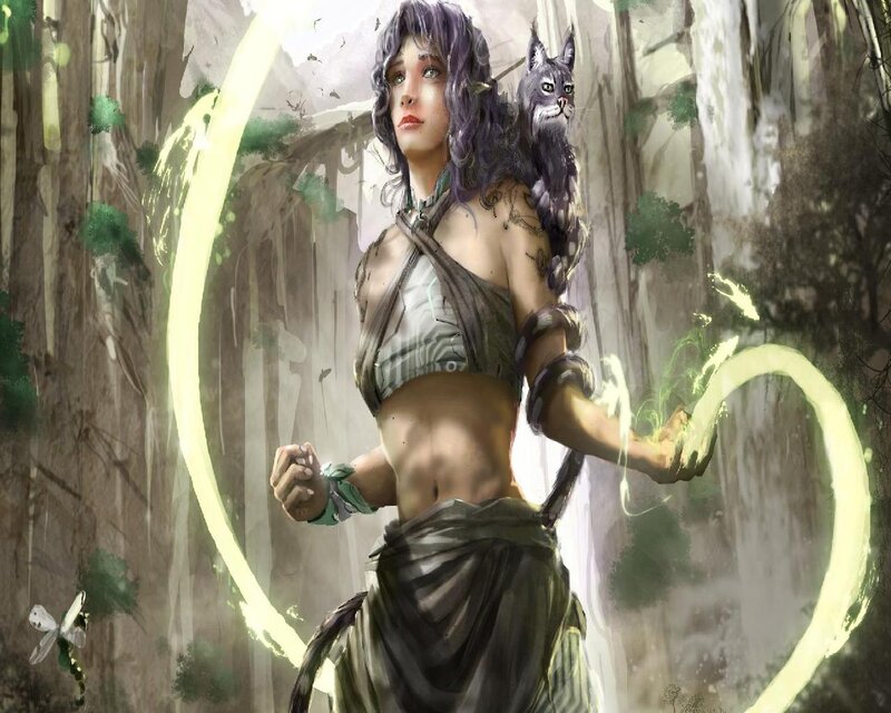 Woman with Cat on Shoulder — Green, Mystical