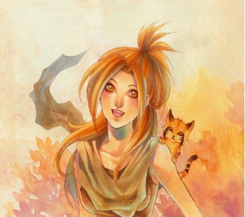 Woman with Cat on Shoulder — Orange