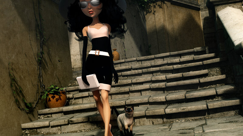 Woman with Cat on Stairs