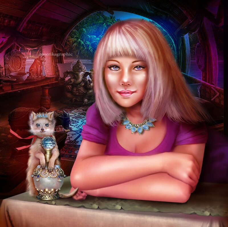 Woman with Cat on Table — Purple