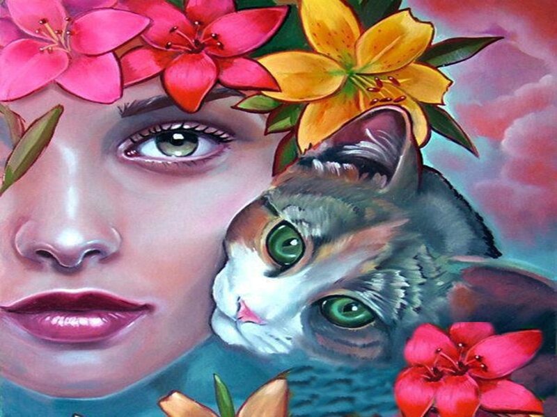 Woman with Cat — Pink, Serene