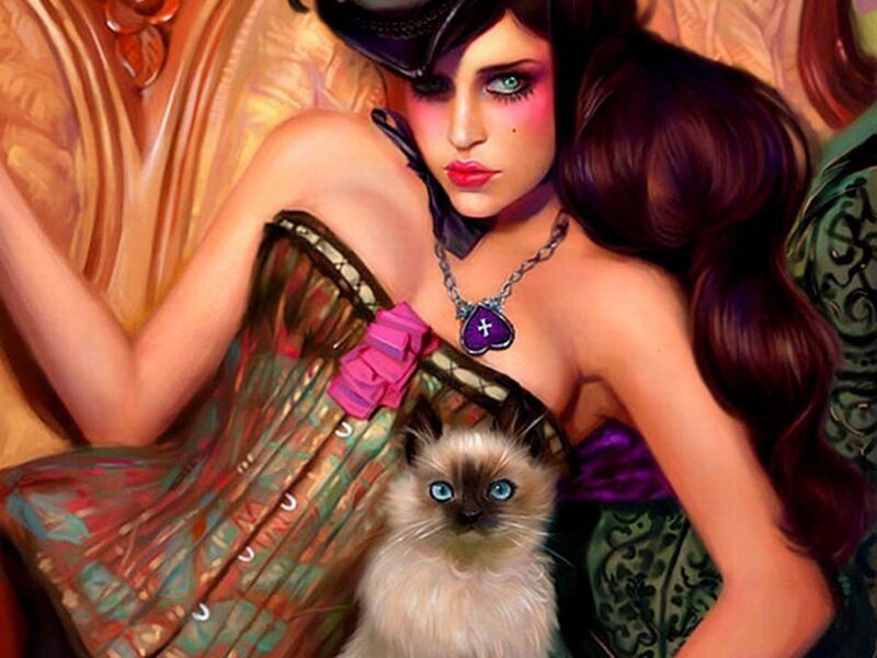 Woman with Cat — Purple, Dramatic, Digital Art