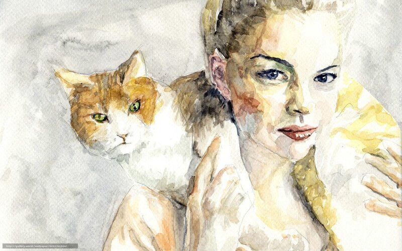 woman with cat watercolor