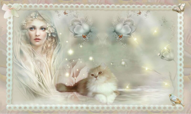 Woman with Cat — White, Serene