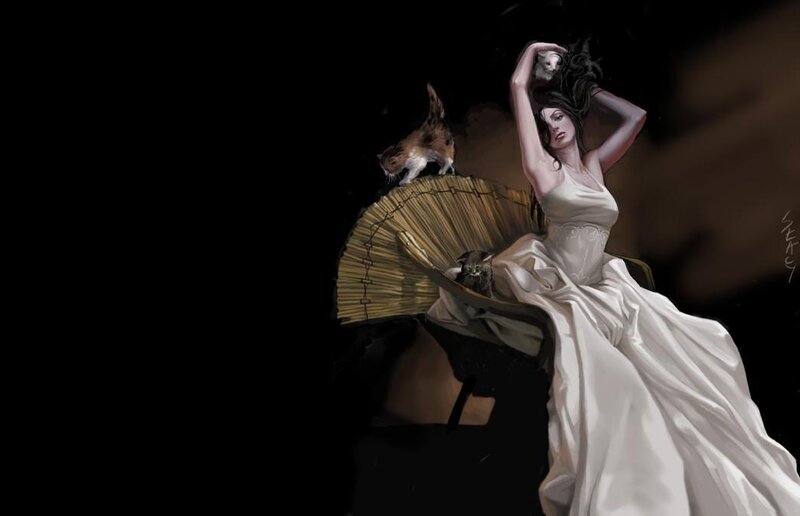 woman with cats and fan
