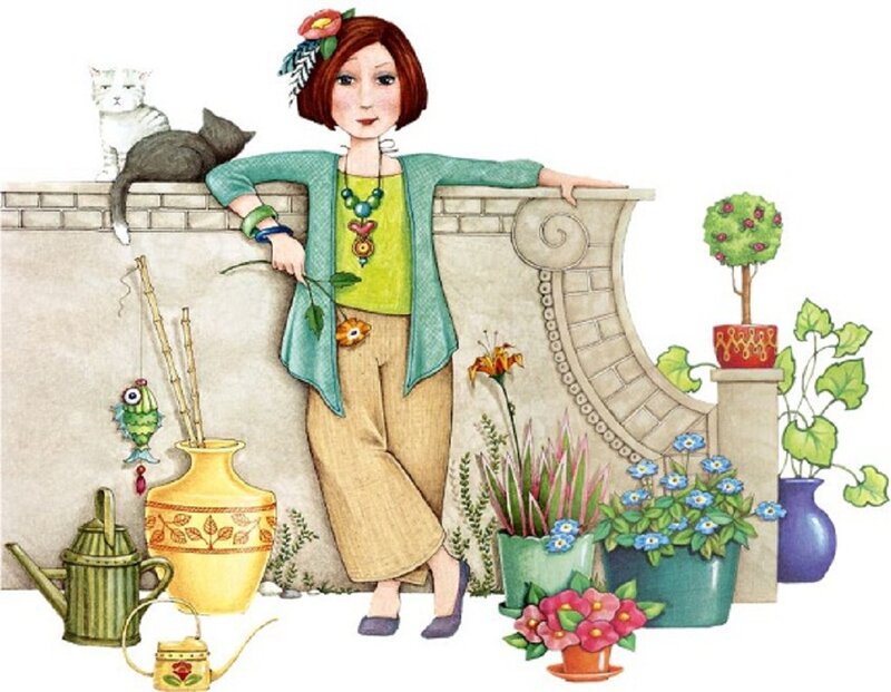 Woman with Cats and Plants