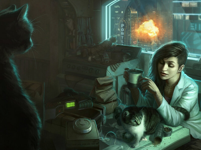 Woman with Cats in Lab