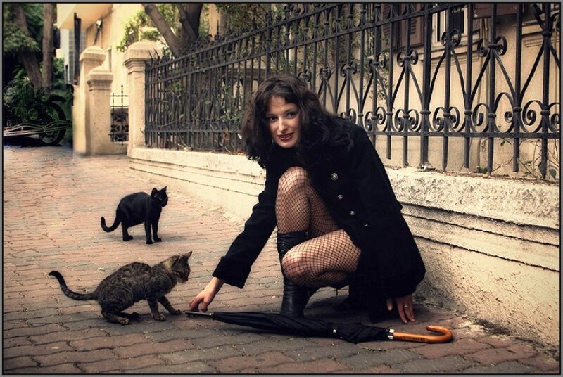 Woman with cats on a cobblestone street