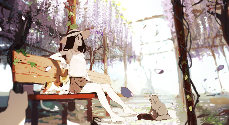 Woman with Cats on Bench