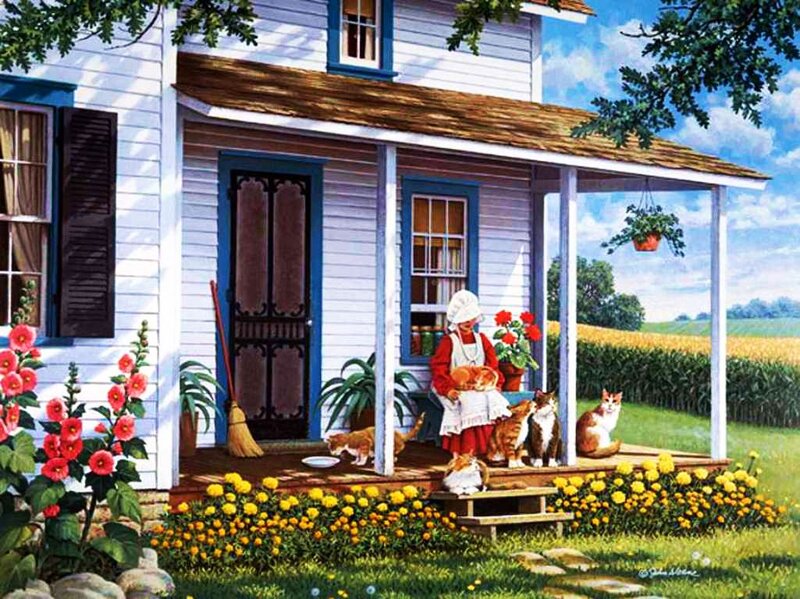 Woman with Cats on Porch