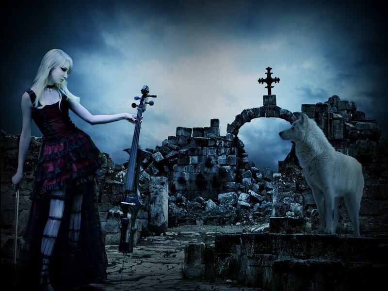 Woman with Cello and Wolf — Blue