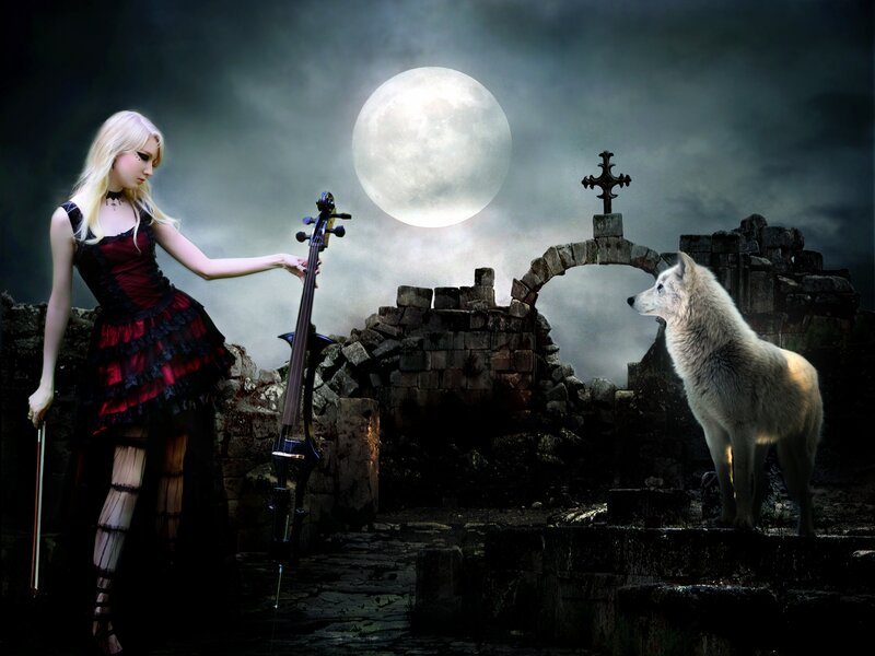 Woman with Cello and Wolf