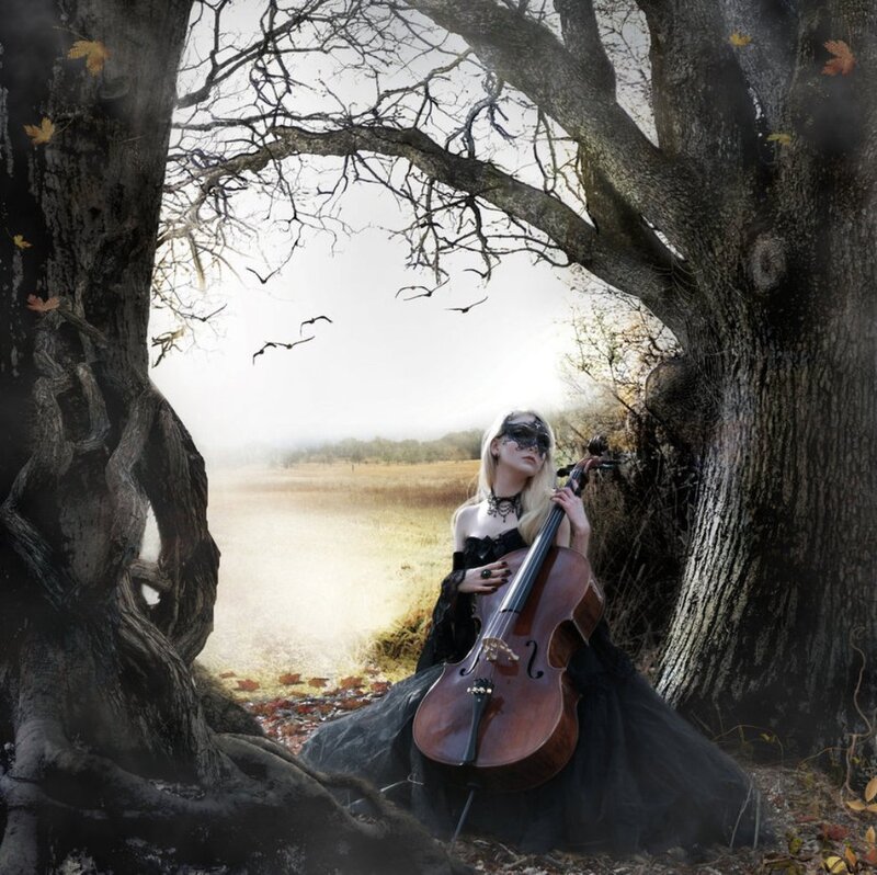 Woman with Cello — Black, Dramatic, Autumn