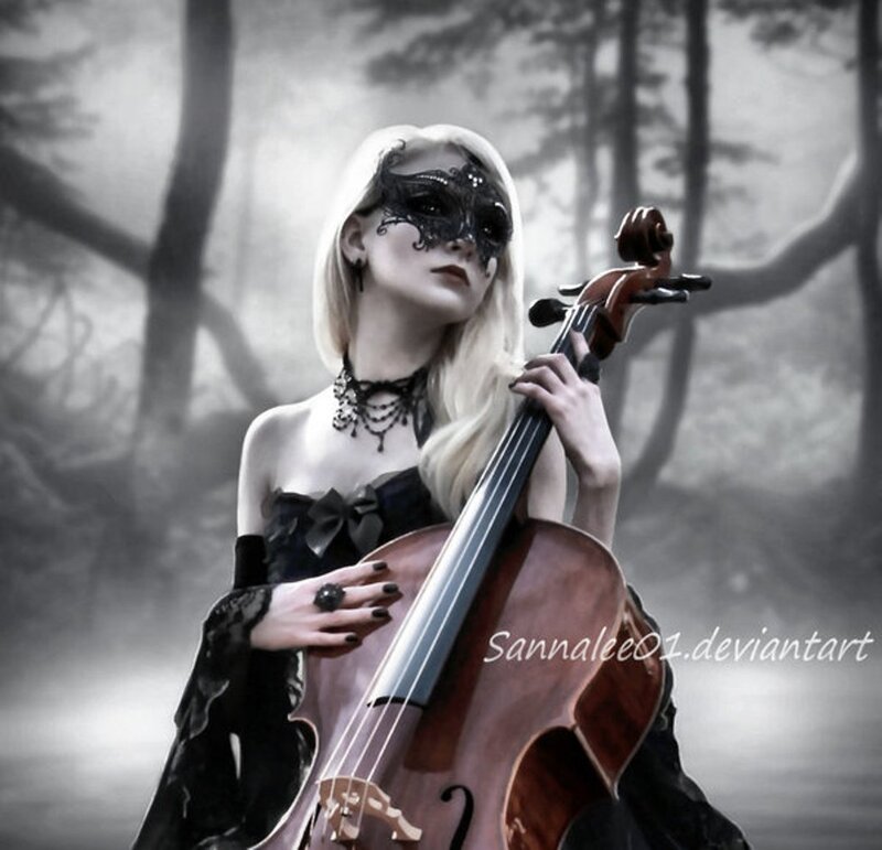 Woman with Cello — Black, Dramatic, Digital Art, Mask