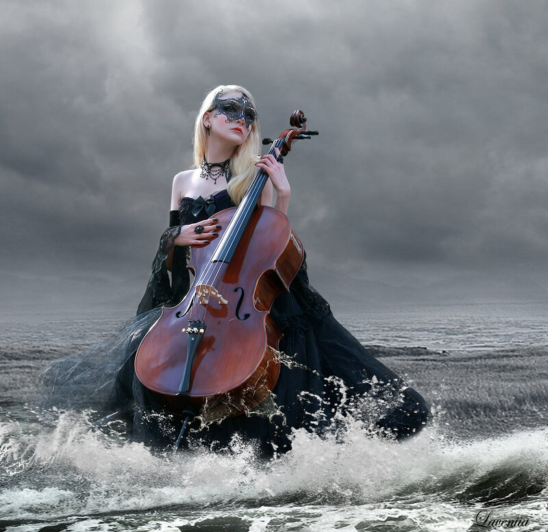 Woman with Cello — Black, Dramatic, Digital Art
