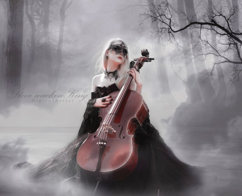 Woman with Cello — Black, Dramatic, Night, Digital Art