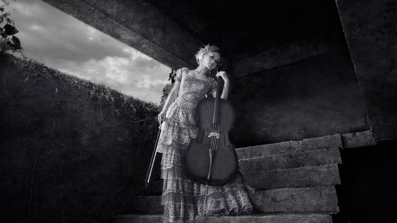 Woman with Cello — Black, Dramatic, Night, Photograph, Dress