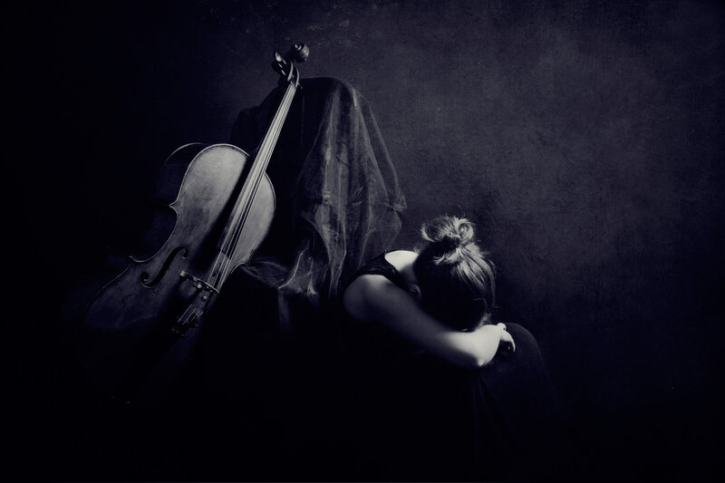 Woman with Cello — Black, Dramatic, Night, Photograph