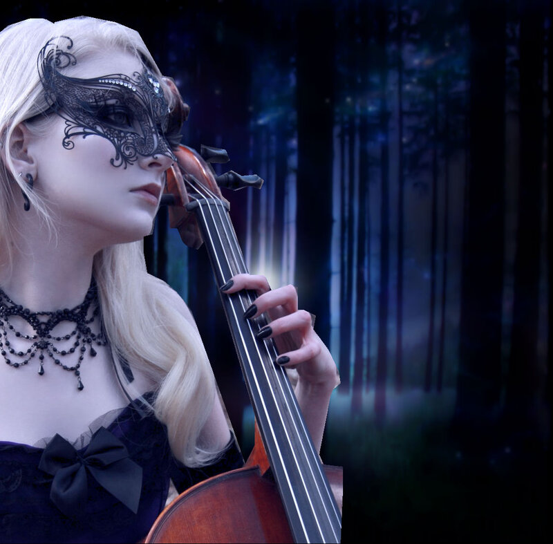 Woman with Cello — Black, Dramatic, Night