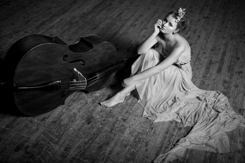 Woman with Cello — Black, Dramatic, Photograph