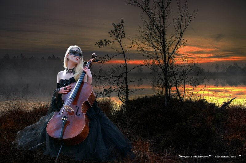 Woman with Cello — Black, Dramatic, Sunset