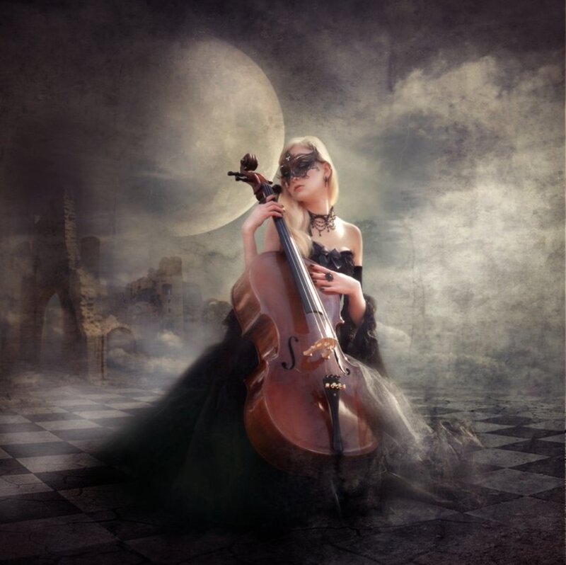 Woman with Cello — Black, Dramatic