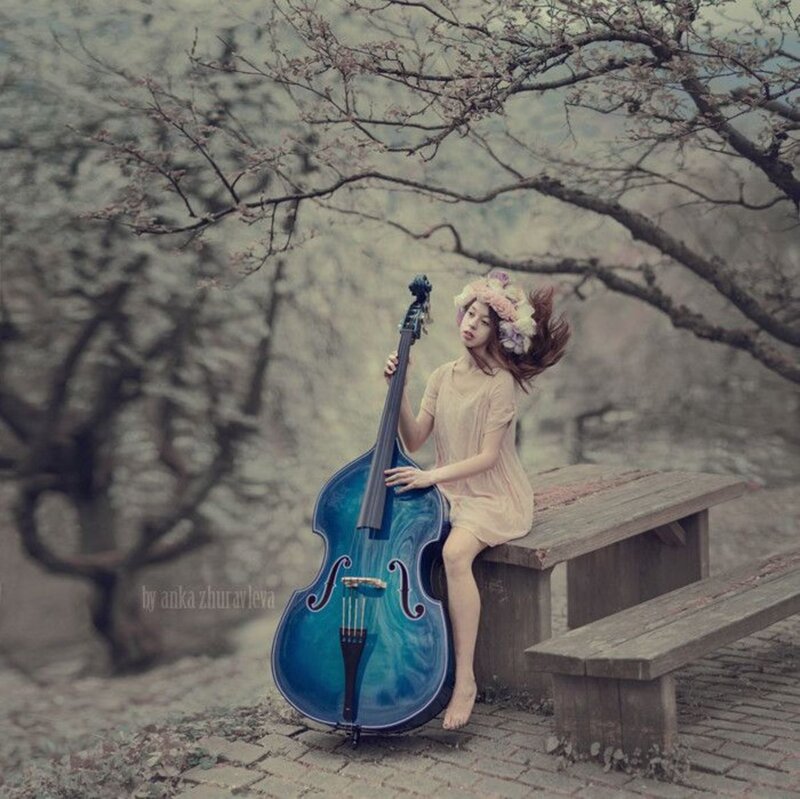 Woman with Cello — Blue, Serene