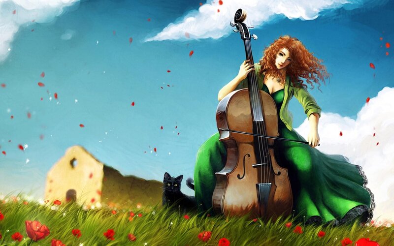 Woman with cello in a field