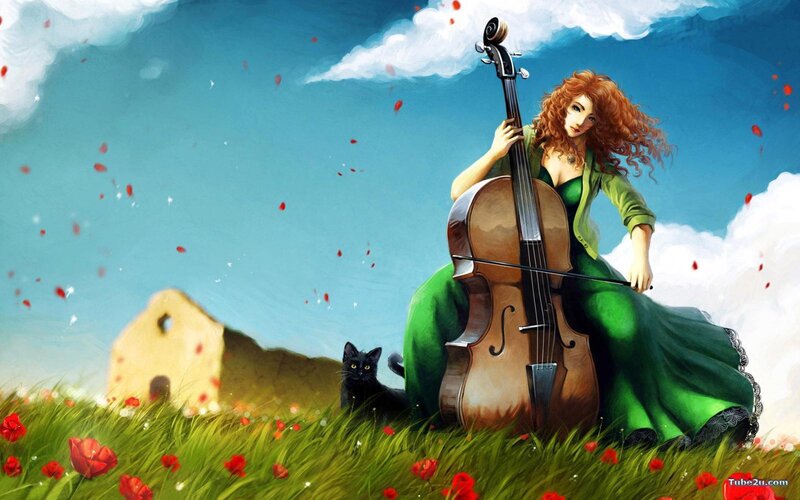 Woman with cello in a field