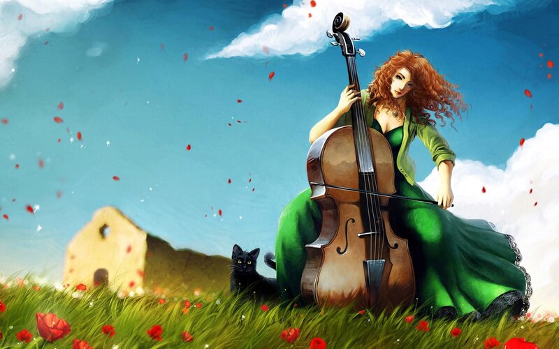 Woman with cello in a field