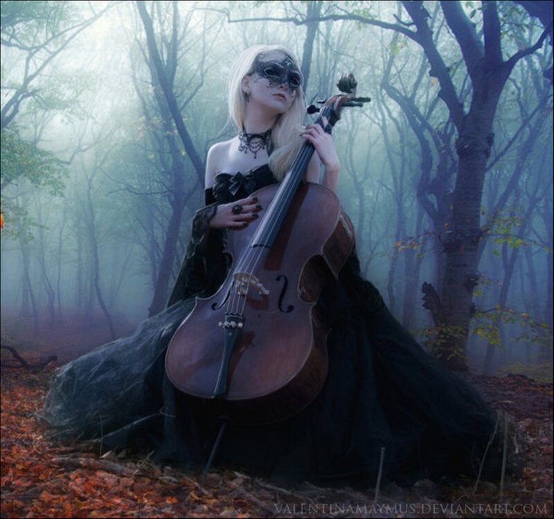Woman with Cello in Forest — Black, Mysterious