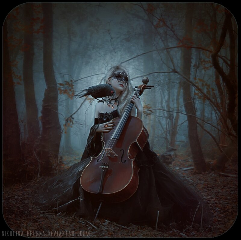 Woman with Cello in Forest — Black