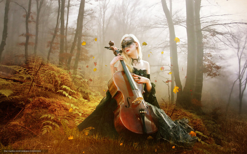 Woman with Cello in Forest — Brown