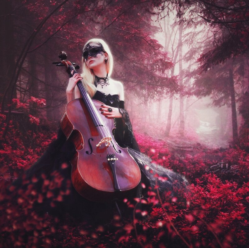 Woman with Cello in Forest — Red
