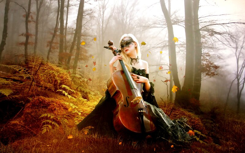 Woman with Cello in Forest