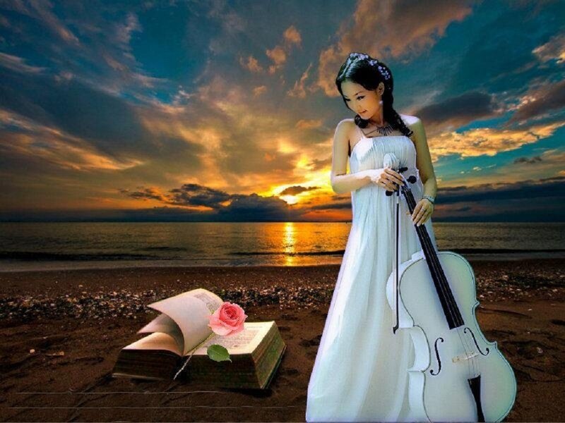 Woman with Cello on Beach