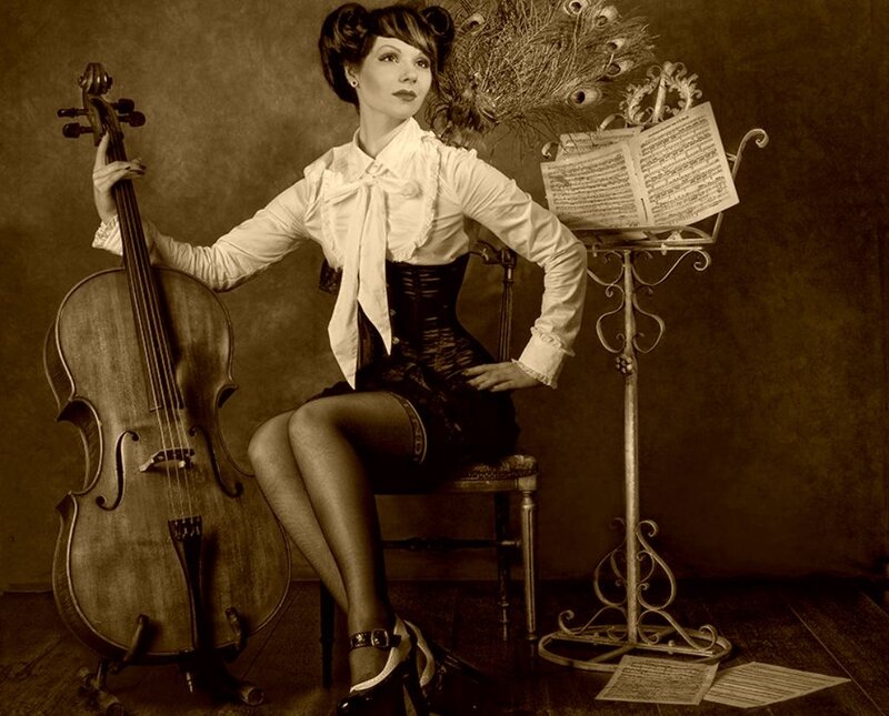 Woman with Cello — Sepia